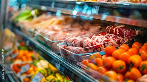 A close-up view of a refrigerated display case in a supermarket, showcasing packaged meats and fresh produce. The vibrant colors of the meats and vegetables create a visually appealing scene photo