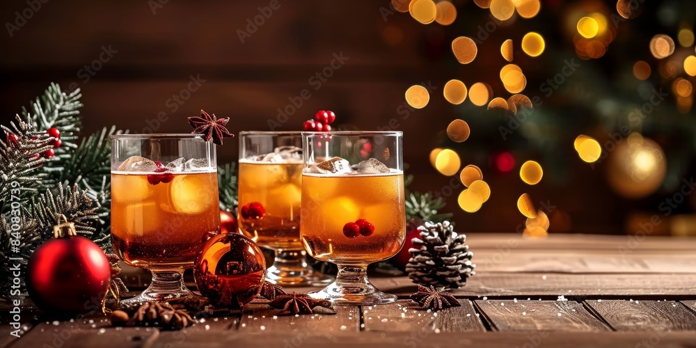 Festive drinks and Christmas decor on a wooden backdrop, Generative AI Festive drinks and Christmas decor on a wooden backdrop, Generative AI