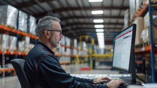A logistics manager sits at a computer in a warehouse, carefully reviewing inventory levels and production schedules on the screen