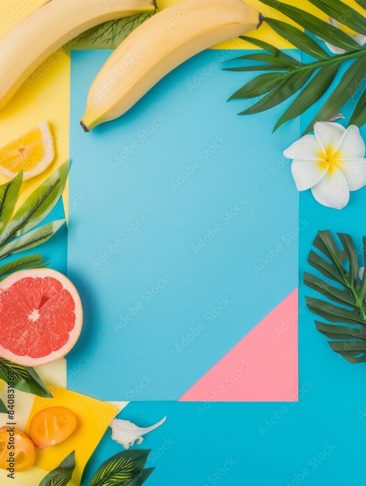 Summer paper frame. vibrant summer-themed flat lay featuring an blank sheet of paper on a soft background, surrounded by tropical leaves, pink and yellow flowers, strawberries, and watermelon slices. Summer paper frame. vibrant summer-themed flat lay featuring an blank sheet of paper on a soft background, surrounded by tropical leaves, pink and yellow flowers, strawberries, and watermelon slices.