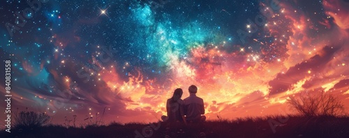 Silhouettes of a Couple Gazing at the Starry Night Sky, a Vibrant Cosmic Landscape with Swirling Clouds and Sparkling Celestial Bodies