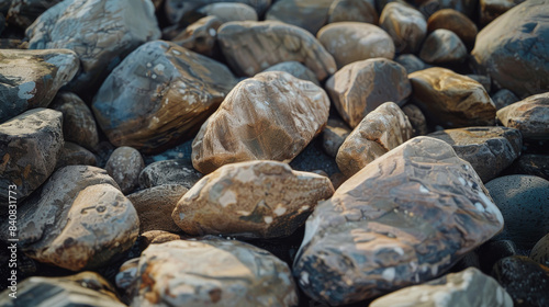 Pebbles Basking in Sunlight on Coastal Beach