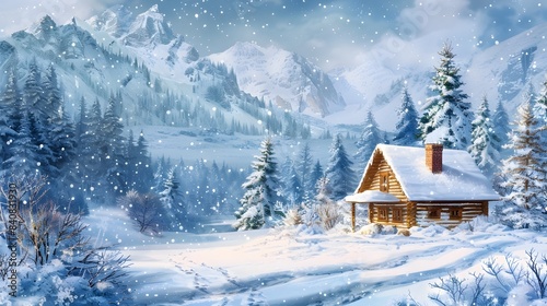 Cozy Log Cabin in Snowy Winter Wonderland Landscape with Pine Trees and Mountains