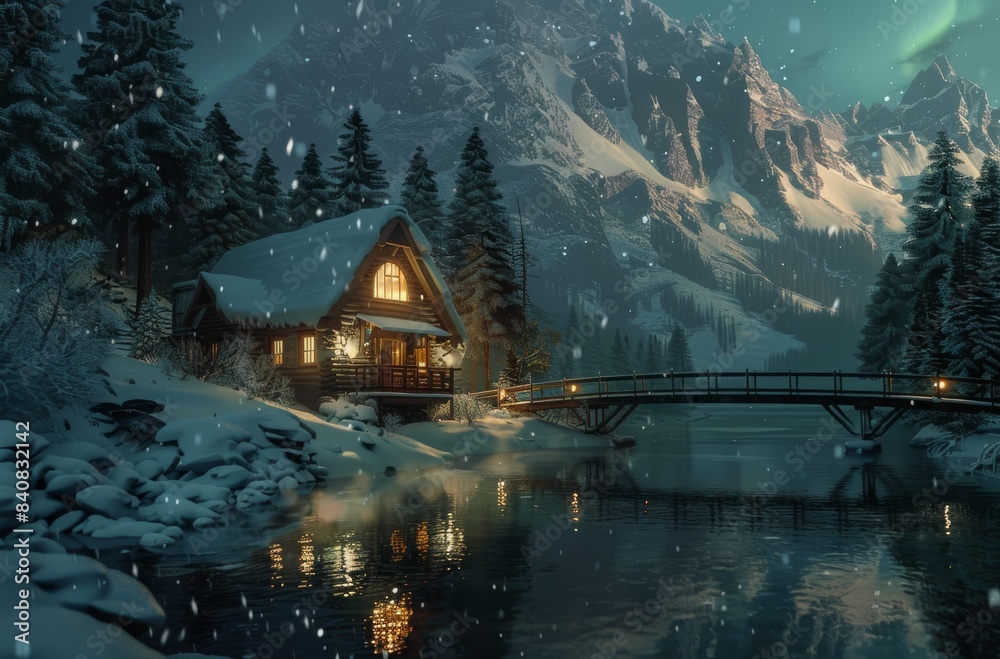 Fototapeta premium Photo of the tiny cabin in front, an emerald lake at night with snow and reflection 