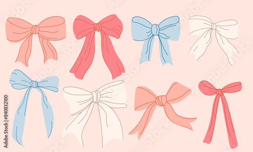 Set of colorful cute bows in a flat style. Trendy accessories for girls. Hand drawn vector illustration.