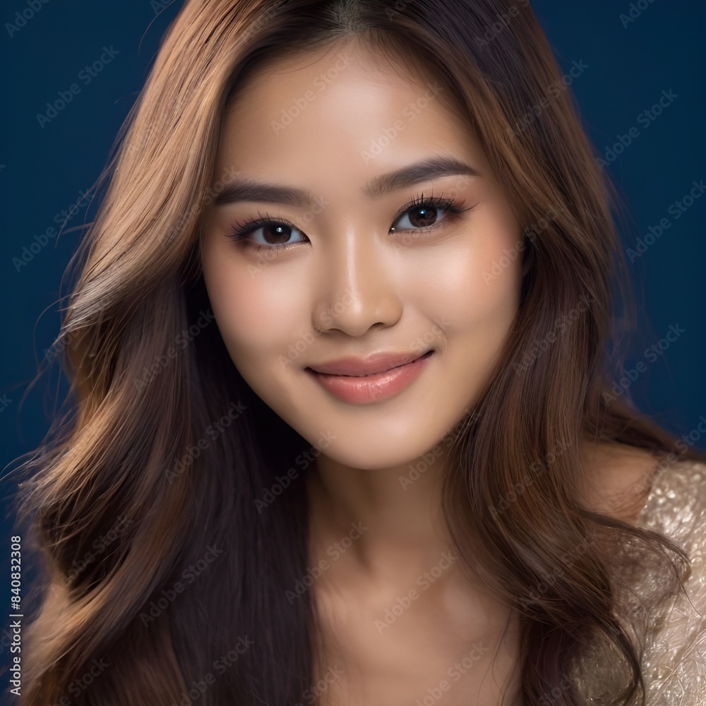Pretty Asian beauty woman long hair with japanese makeup glowing face and healthy facial skin portrait smile on isolated dark blue background Pretty Asian beauty woman long hair with japanese makeup glowing face and healthy facial skin portrait smile on isolated dark blue background