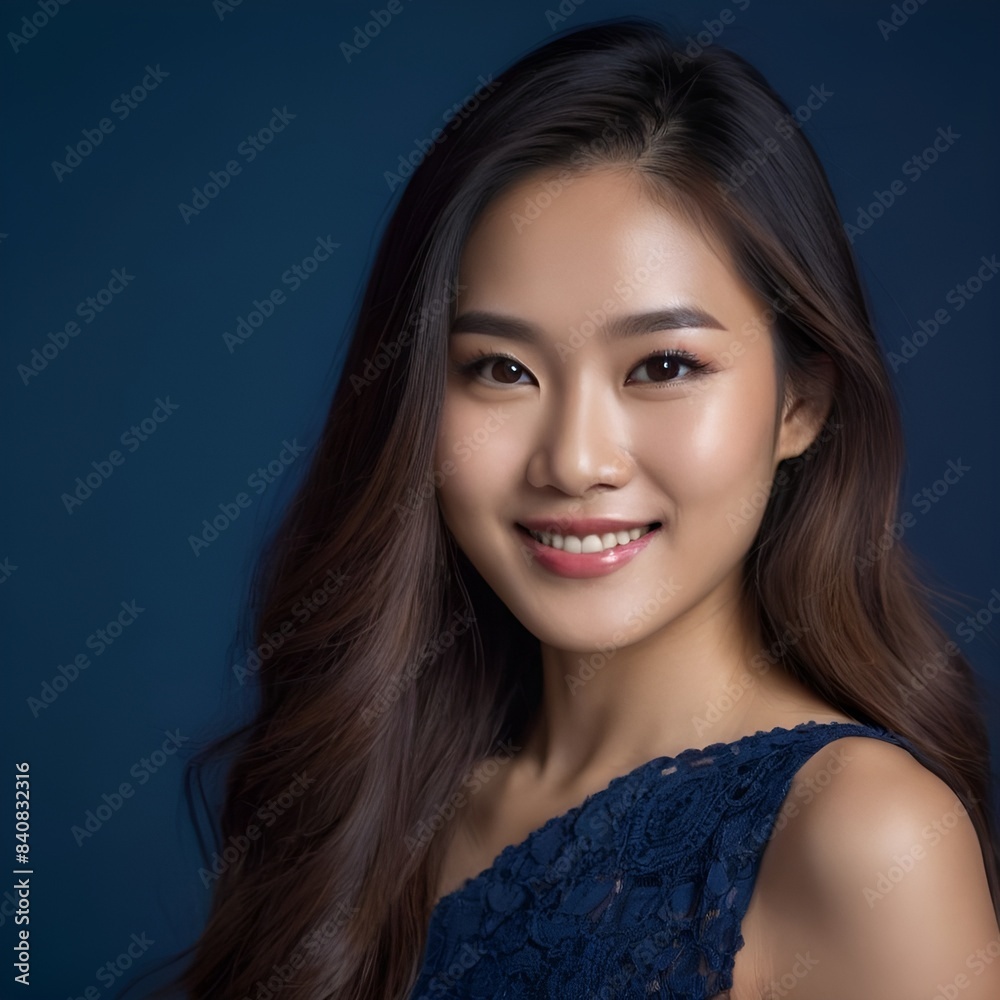Obraz premium Pretty Asian beauty woman long hair with japanese makeup glowing face and healthy facial skin portrait smile on isolated dark blue background