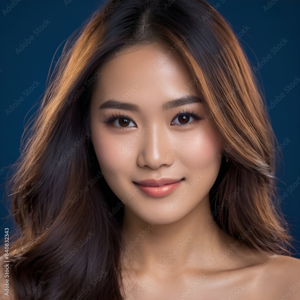 Fototapeta premium Pretty Asian beauty woman long hair with japanese makeup glowing face and healthy facial skin portrait smile on isolated dark blue background