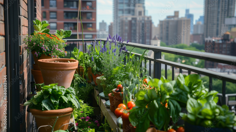 On the balcony in the city there is a charming garden with vegetables and herbs. Plants climbing the walls create a natural barrier against the noise, bringing peace and freshness. On the balcony in the city there is a charming garden with vegetables and herbs. Plants climbing the walls create a natural barrier against the noise, bringing peace and freshness.