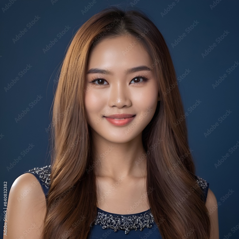 Naklejka premium Pretty Asian beauty woman long hair with japanese makeup glowing face and healthy facial skin portrait smile on isolated dark blue background