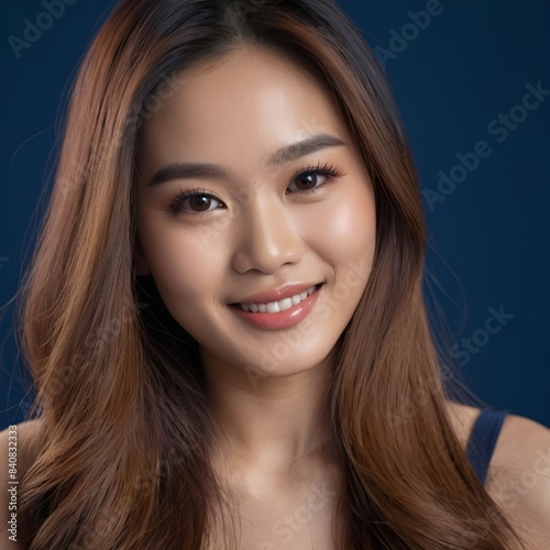 Pretty Asian beauty woman long hair with japanese makeup glowing face and healthy facial skin portrait smile on isolated dark blue background