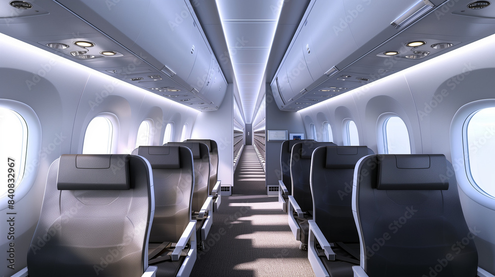 Obraz premium The interior of a modern plane during the day, with rows of comfortable airline seats on both sides of the narrow aisle.