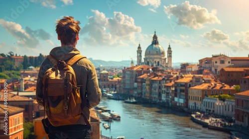 Man With Backpack Admires the View of Venice, Italy