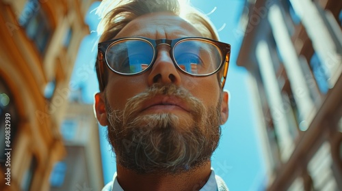Man Wearing Glasses Looks Up On Sunny Day in City