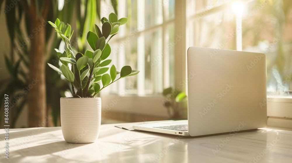 A modest office decorated in a minimalist style, with a laptop and a potted plant, bathed in soft, natural light. A modest office decorated in a minimalist style, with a laptop and a potted plant, bathed in soft, natural light.