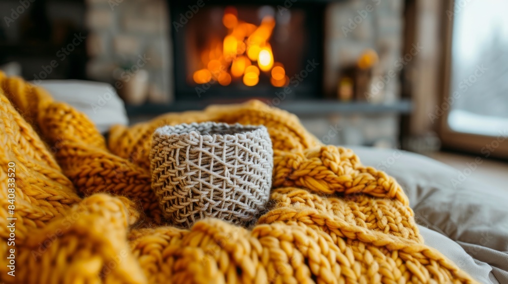 Someone knitting by the fireplace, with a ball of yarn in their lap and a cup of tea at their Someone knitting by the fireplace, with a ball of yarn in their lap and a cup of tea at their