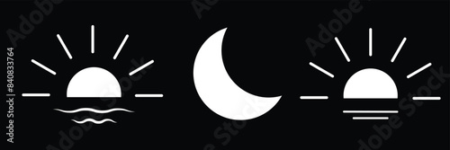 Day and night, dark and light modes. Screen modes icons set. Screen brightness and contrast level control icons. Day night switch. Vector Illustration