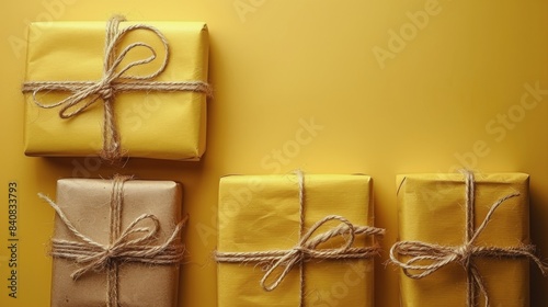 Four Gift Boxes Tied With Twine on a Yellow Background