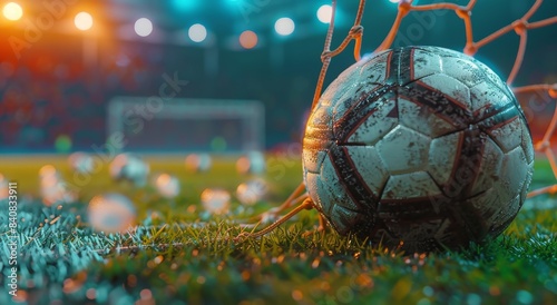 Soccer Ball in Net Under Stadium Lights at Night
