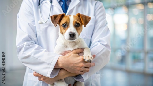 international Veterinarian Day, cropped veterinarian's hands holding a dog, blurred background,