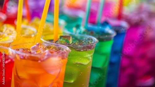Colorful summer drinks in plastic cups with ice and straws. Refreshing beverages in vibrant shades lined up in a row ready to quench thirst.