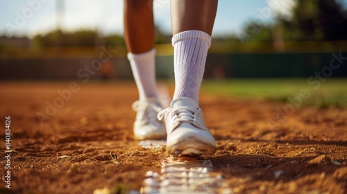 Sports, baseball, and plate with man's shoe on field for fitness, home run practice. Park stadium tournament, match, or activity workout, games, and pitching with athlete