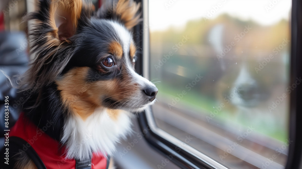Small dog in red harness looking out train window during travel Small dog in red harness looking out train window during travel