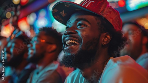 A Man Wearing a Red Cap Smiles Joyously at a Nighttime Event