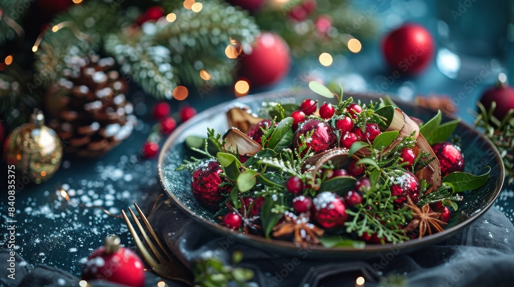 Festive Holiday Table Setting With Green Greenery and Red Ornaments Festive Holiday Table Setting With Green Greenery and Red Ornaments