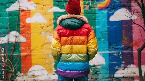 Person in colorful rainbow jacket and red beanie standing in front of a vibrant, artistic wall with cloud and rainbow graffiti.