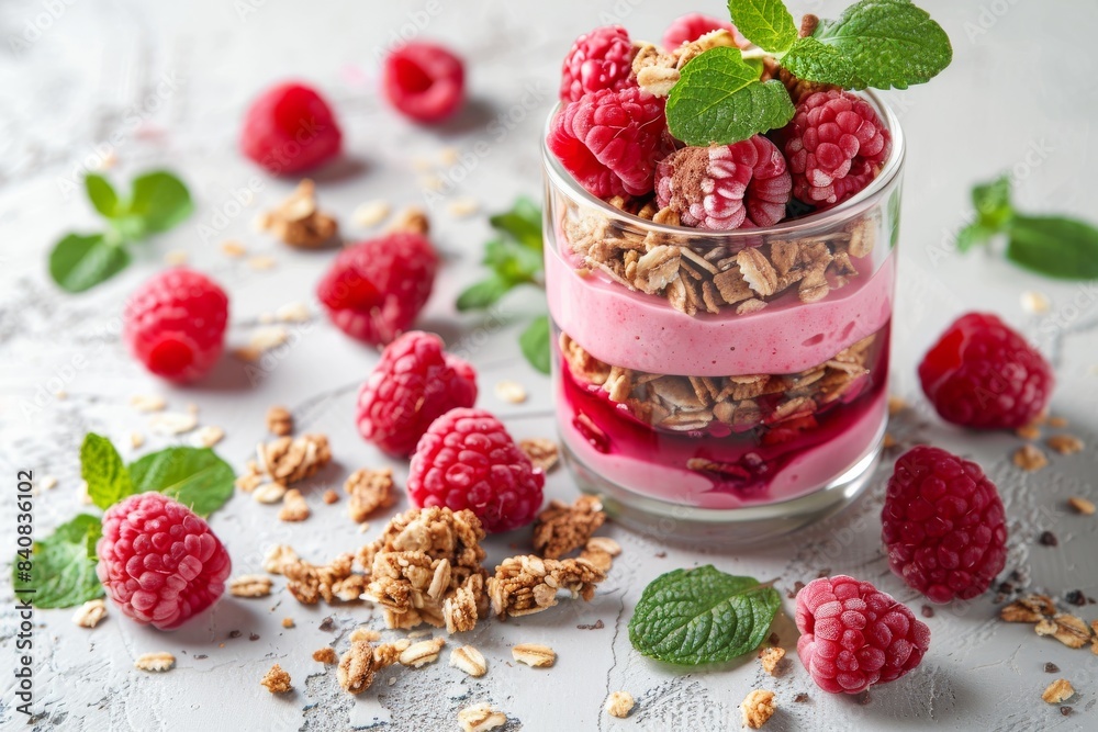 Layered raspberry parfait with granola, showcasing a healthy, sweet treat in a bright, colorful setting perfect for a nutritious lifestyle