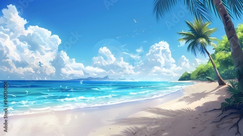 Stunning Tropical Beach with Swaying Palm Trees and Turquoise Ocean in Paradise Destination. illustration