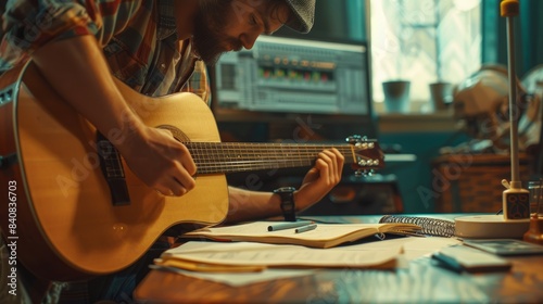A musician sits in a home studio, playing an acoustic guitar and writing down lyrics and chords in a notebook