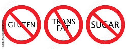 Set allergen free icons. Allergen free products. Products warning symbols. Lactose, gluten, sugar, corn, egg, trans fat, soy, nuts free, coffeine , bio ,gluten,msg, pfas sign.