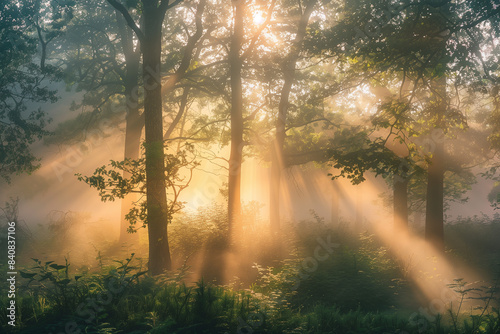 A quiet forest at sunrise, with the mist drifting lazily from the ground and sunlight filtering softly through the branches.