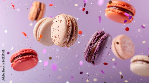 Colorful macarons flying through the air with confetti on a purple background
