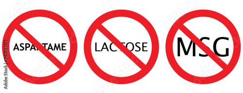Set allergen free icons. Allergen free products. Products warning symbols. Lactose, gluten, sugar, corn, egg, trans fat, soy, nuts free, coffeine , bio ,gluten,msg, pfas sign.