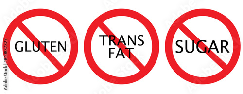 Set allergen free icons. Allergen free products. Products warning symbols. Lactose, gluten, sugar, corn, egg, trans fat, soy, nuts free, coffeine , bio ,gluten,msg, pfas sign.