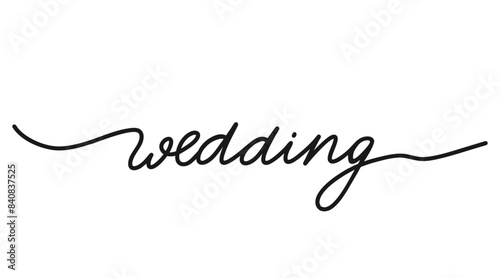 Wedding, black hand drawn one continuous line word. Holiday, happy event. Single outline. Vector illustration