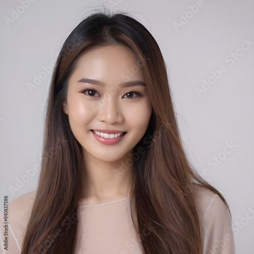 Pretty Asian beauty woman long hair with japanese makeup glowing face and healthy facial skin portrait smile on isolated white background