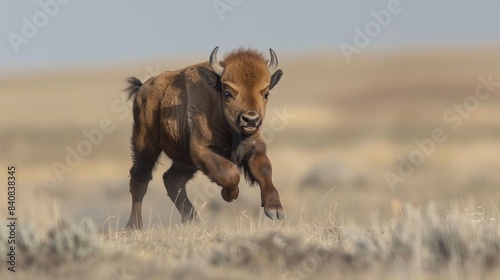 A warthog is captured in its natural habitat while foraging in the savannah  with its head down and tail up