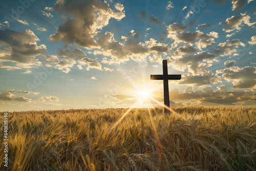 A cross in a field of golden wheat, bathed in gentle sunrays as the sun sets behind scattered clouds, symbolizing abundance and peace photo