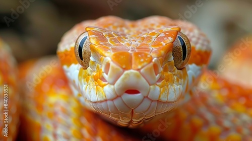 The image shows a detailed and vivid close-up of an orange corn snake's face, highlighting its intricate scales and captivating eyes