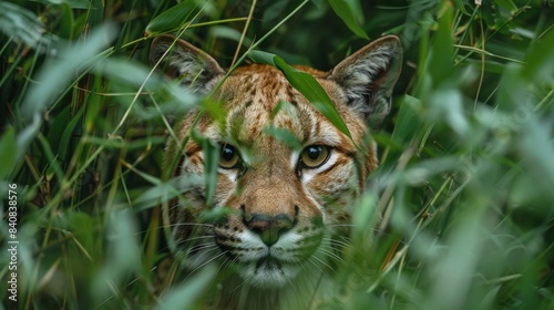 Excluding the blurred area  the image shows the ears and top of the head of a hidden animal in green foliage