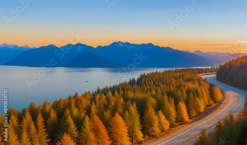 Sea to Sky Hwy in Howe Sound near Horseshoe Bay, West Vancouver, British Columbia, Canada. Aerial panoramic view during a colorful sunset in Fall Season. photo