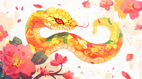 Anime Woman With Long Black Hair And Snake In Flowers