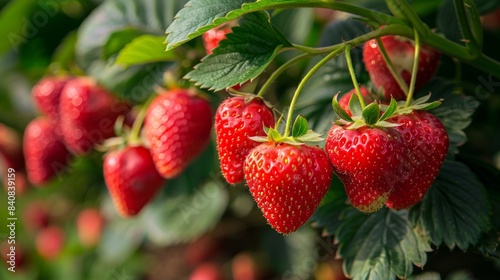 Fresh juicy strawberries ready for harvest in a lush garden