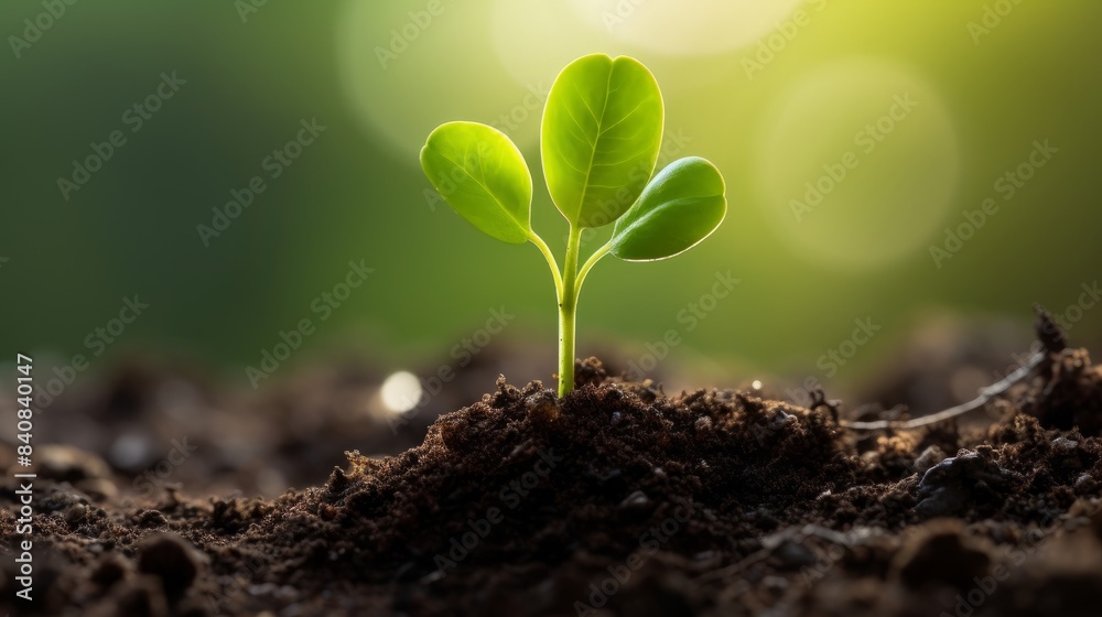 Little green sprouts appeared from the ground on a sunny spring day. Closeup of growing little green sprout appearing from the ground Little green sprouts appeared from the ground on a sunny spring day. Closeup of growing little green sprout appearing from the ground