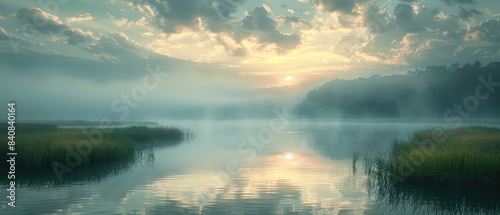 summer landscape with a scenic lake view and a colorful sunset sky with a few trees reflected in the water and a few clouds in the sky and a misty forest in the background