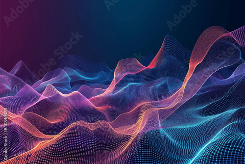 Abstract Waving Particle Technology Connection Background Design. Hi-tech futuristic modern techno background, neon RGB color shapes and dots.
